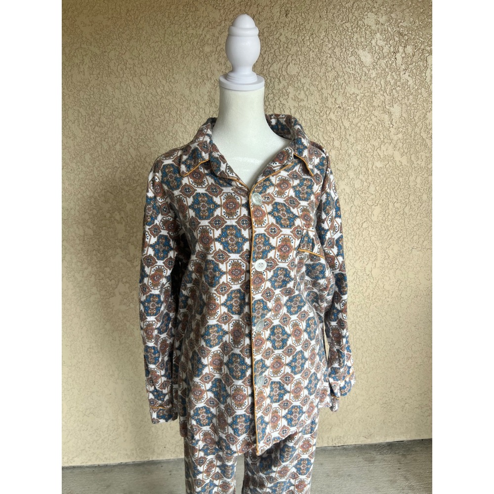 Vintage Gaddi 70s Pajama Set XL Boho Geometric Pattern Balloon Pants Blue Brown - Picture 7 of 16